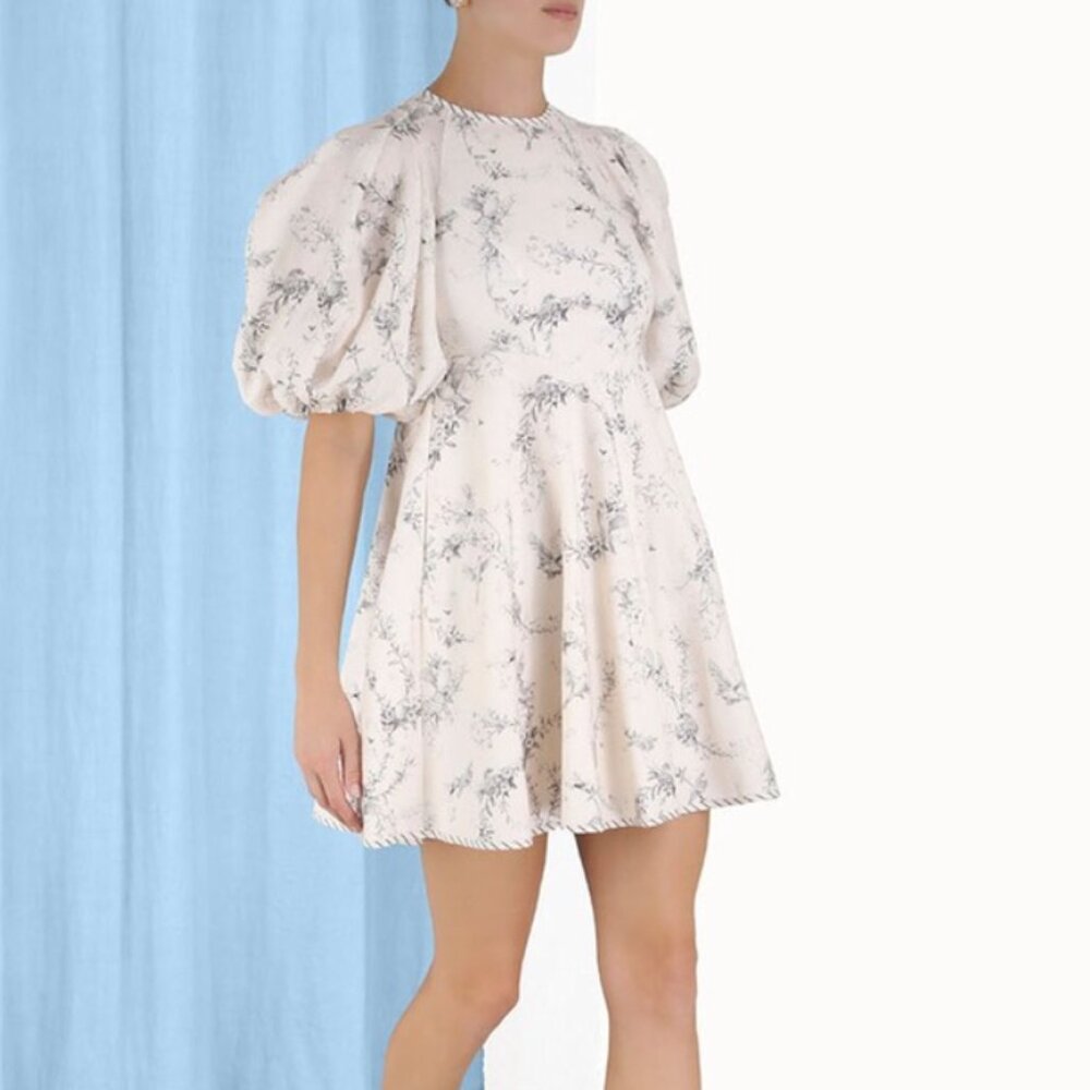 Zimmermann Cream Linen Day Mini Dress Toile Print 0P